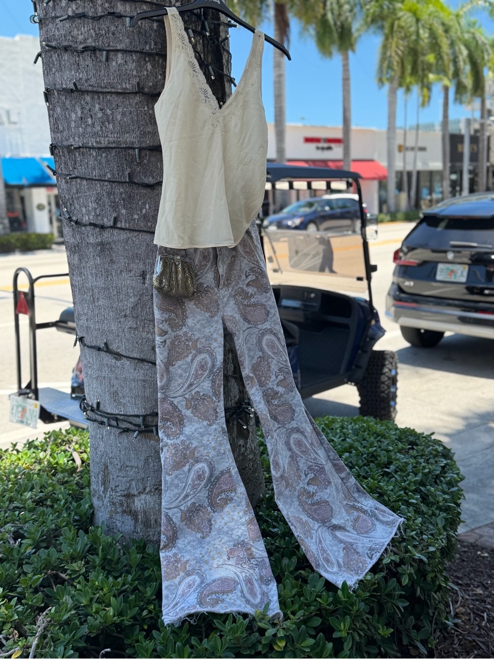 Free People Cream Lace-Trim Cami with Paisley Wide-Leg Pants